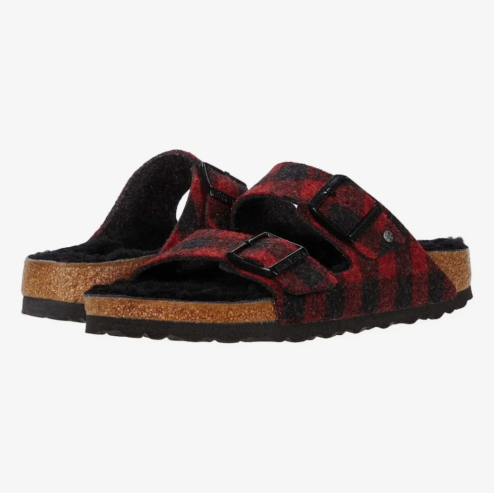 Birkenstock Arizona Wool Shearling Sandal Plaid Red